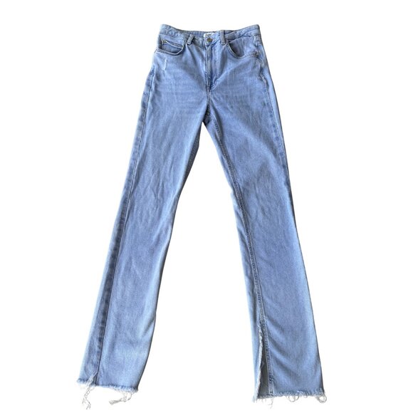 Zara Women’s High Rise Split Flare Jeans Sz 4 Light Wash Distressed Raw Hem Y2K - Picture 1 of 14